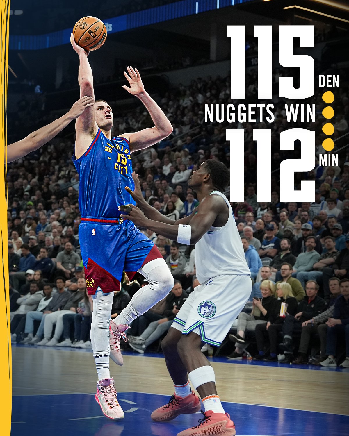 Nikola Jokic shoots a floater in a graphic displaying the Nuggets 115-112 victory over the Timberwolves